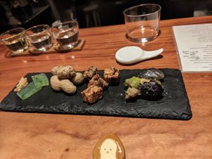 Eggplant, tempeh, boiled peanuts, seaweed jelly at Veganic Monkey Magic 浅草 in Tokyo