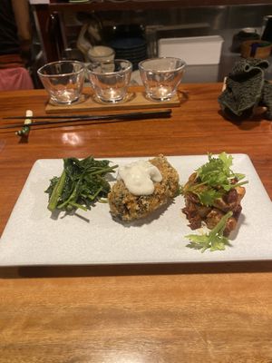 Chinese greens, a type of fritter, and jerk tofu  at Veganic Monkey Magic 浅草 in Tokyo