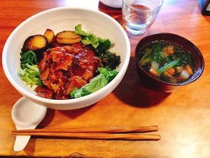 So yummy vegetable rice bowls and miso soup set. Japanese vegan , so satisfied! at Veganic Monkey Magic 浅草 in Tokyo