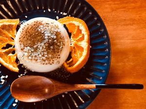 Soy milk pudding with dry mandarin  at Veganic Monkey Magic 浅草 in Tokyo