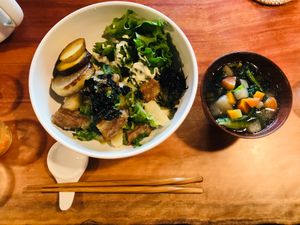 Vegan rice bowl sets with miso soup!!  at Veganic Monkey Magic 浅草 in Tokyo