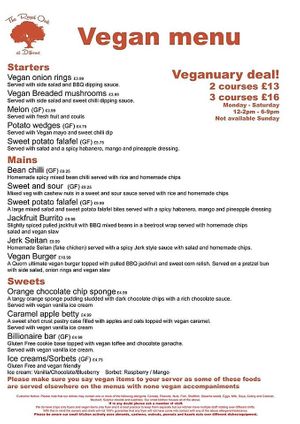 Our current Vegan menu at Royal Oak in Stoke-on-trent