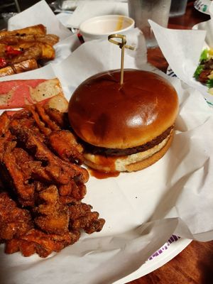Beyond burger with sweet potato fries at Seminar Brewing in Florence