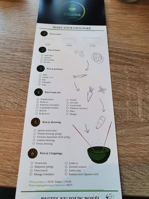 menu: compose your own bowl.  at Ohana Pokébowls in Oostende