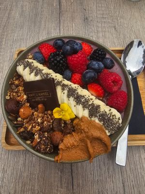 Beautiful Acai Bowl with added peanut butter and soy yogurt. at Kaffee Kamiel in Bruges