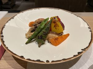 Charcoal grilled local vegetables (served with miso, soy sauce and sea salt on side) at Sanpou Nishimuraya in Toyooka