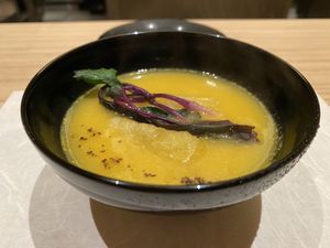 Pumpkin and sticky potato soup  at Sanpou Nishimuraya in Toyooka