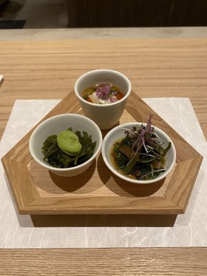 Appetiser of various pickles and vegetables  at Sanpou Nishimuraya in Toyooka