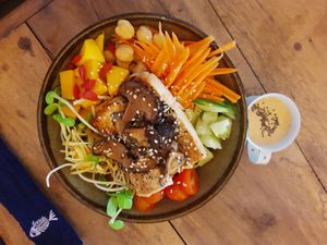 Mushroom poke bowl with the cashew sauce - must try at Galapagos in Koh Lanta