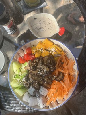 Vegan mushroom poke bowll  at Galapagos in Koh Lanta