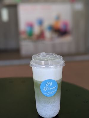 Japanese zen. Japanese pure Matcha drink with layered green and milky foam at Atmos Burger - BCC Tea Studio in East Singapore