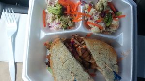 Vegan rueben seitan sandwich with coleslaw and potato salad at Chef Brooke's Natural Cafe in Fort Myers