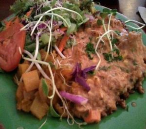 Moroccan Stew Platter: Chunks of Seitan with Mixed Veggies served with a Salad with Sesame Dressing by kris from veganscraps at Chef Brooke's Natural Cafe in Fort Myers