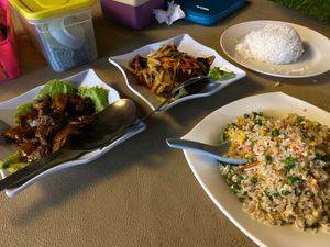 Faux duck, mushrooms and fried rice, amazing  at Yuan Wei 缘味 in Sandakan