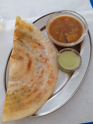 Masala dosa with sambar and coconut/peanut chutney, vegan!  at Cozinha de Sonia  in Portimao