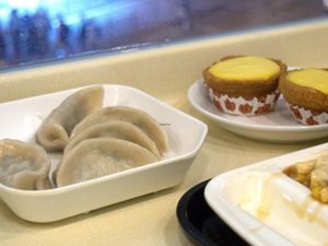 Vegan gyoza and vegan egg tart. at Loving Hut - Wan Chai in Hong Kong Island