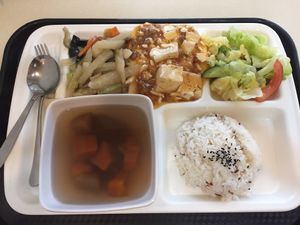 Set lunch for HKD 50 - rice, soup, choose 3 dishes from 6 (tofu, radish, cabbage) at Loving Hut - Wan Chai in Hong Kong Island