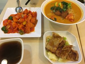 laksa, sweet & sour tofu, beancurd skin wrapped over veg at Loving Hut - Wan Chai in Hong Kong Island