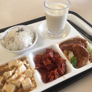 Set lunch with tofu, cha siu, black pepper soy steak and soy milk at Loving Hut - Wan Chai in Hong Kong Island
