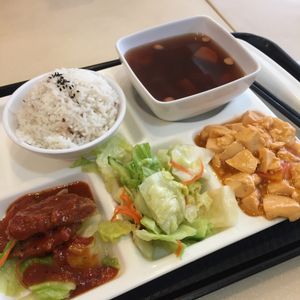 Lunch set with soy steak in tomato sauce, cabbage, and tofu in plum sauce  at Loving Hut - Wan Chai in Hong Kong Island
