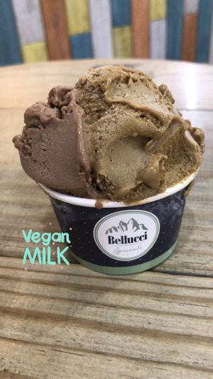 Veg expresso (Café à base de leite de castanha de caju). Veg Gianduia (Chocolate com avelã à base de leite de castanha de caju). at Bellucci in Fortaleza