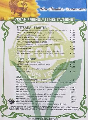 Vegan menu at New Himalaia in Lisbon