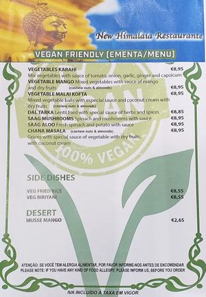 Vegan menu at New Himalaia in Lisbon