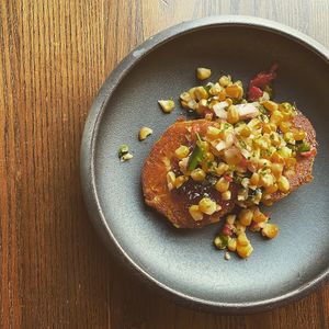 Sweet Corn Cakes at Harvest 18 in Durham