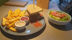 Burger Del Gatto on temple bread, with fries and a side salad at Katzentempel in Regensburg