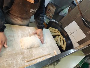 Dough sticks in the making... at Xi De Li 西得利 - Serangoon in Northeast Singapore
