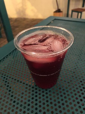 Agua fresca with flor de Jamaica taste (4.500 COP) at Taco Veg in Medellin