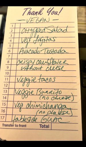 Vegan menu  at SolToro in Montville