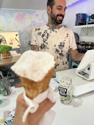 Owner and my coconut gelato and waffle cone:)  at Nicoco Hawaiian Gelato in Hilo