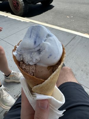 Waffle cone with chocolate peanut butter and butterfly pea ice cream  at Nicoco Hawaiian Gelato in Hilo