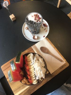 Watermelon bowl and charcoal latté  at Acai & You - de Maubeuge in Paris