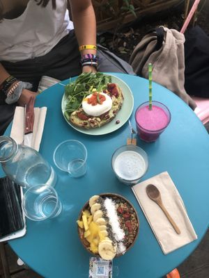 Burrata toast (NOTvegan) , pineapple bowl , pea flower latté and pitaya drink  at Acai & You - de Maubeuge in Paris