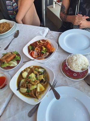 Mock chicken curry, mock chicken sweet and ysour and noodles at Hong Kong Golden Palace in Tenerife