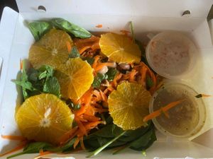 glowing guardian
28.00

rocket, mint, spinach, millet beans, chickpeas, oranges, toasted nuts, dried cranberries, home-made hummus, citrus and gula melaka dressing
 at The Hungry Tapir in Kuala Lumpur