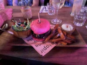 Pink burger & sweet potato fries  at The Hungry Tapir in Kuala Lumpur