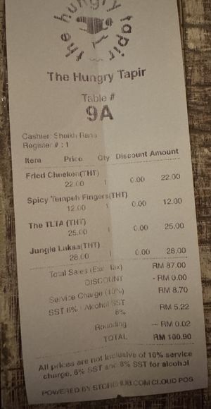 Receipt  #Veganuary at The Hungry Tapir in Kuala Lumpur