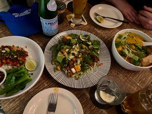 "steakk" and rice, tempeh salad, and jungle laksa at The Hungry Tapir in Kuala Lumpur