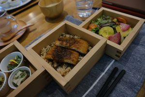 Course dish: Tofu Kabayaki (unagi style) at Sobe's Cafe in Hanamaki