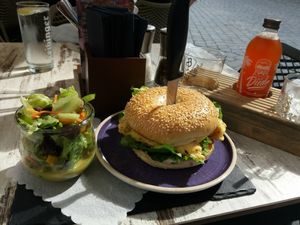 Veggi-Bagle with cream cheese and scrambled egg at Vivo in Wangen Im Allgaeu