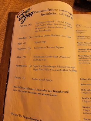 Die veganen Speisen auf der Karte werden sogar auf einer Seite nochmal gesammelt aufgeführt, spitze! at Vivo in Wangen Im Allgaeu