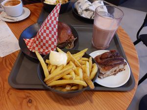 Cinnamon roll, fries, strawberry milkshake, burger at Jack Bean - Erasmus Food Plaza in Rotterdam