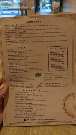 Menu at Prana Veggie in Quito