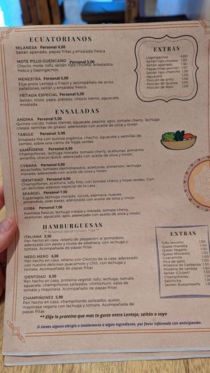 Menu at Prana Veggie in Quito