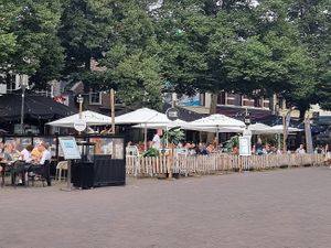 outdoor seating on the square - very busy and noisy!  at Sam Sam in Enschede