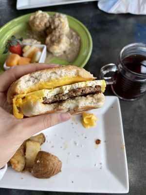 House made everything bagel, impossible sausage, tofu, vegan cheese  at The Panacea Restaurant in Wilmington