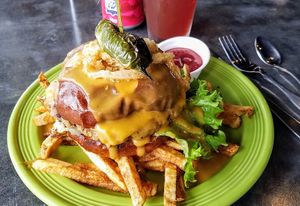 "Trash Burger 2.0" over fries.  With that name, it had to be my first choice, delicious! at The Panacea Restaurant in Wilmington